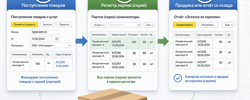 Ведомость по партионному учёту в 1С:УТ